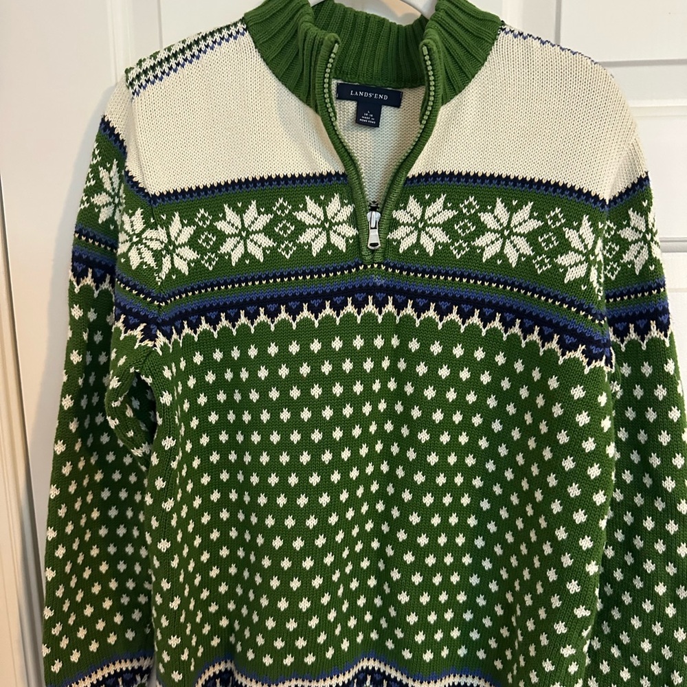 Lands' End Boys’ Green and Cream Zip-Up Sweater